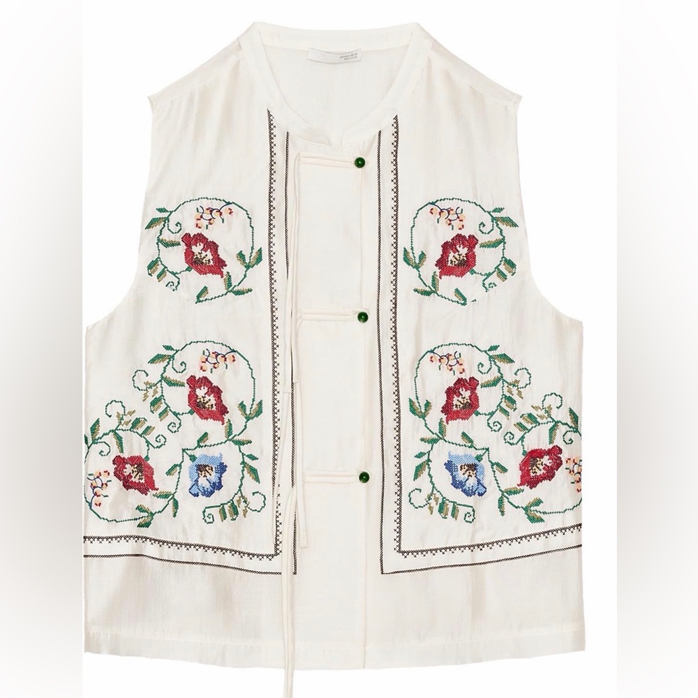 New Zara Embroidered Sleeveless Floral Blouse Sz L Floral Vest Top Shirt